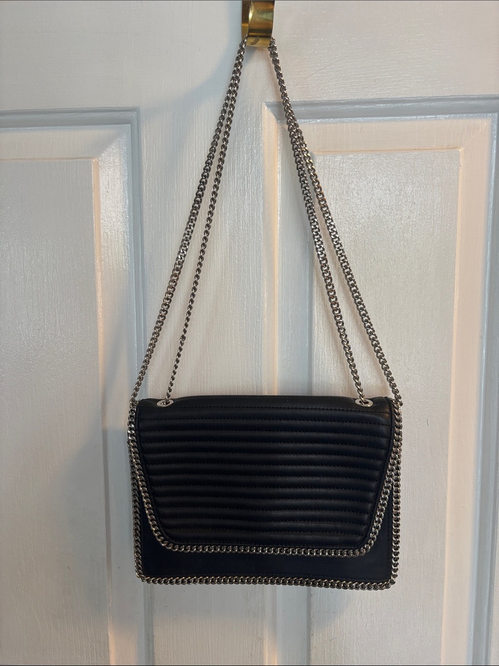 Express Black Quilted Shoulder Bag with Silver Chain